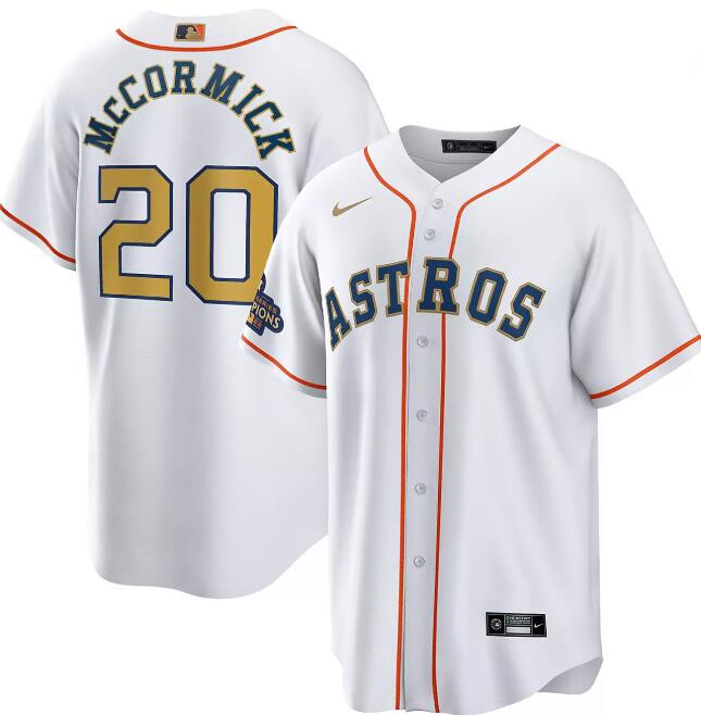 Men's Houston Astros #20 Chas McCormick White 2023 Gold Collection With World Serise Champions Patch Cool Base Stitched Baseball Jersey